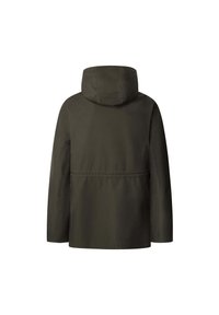 Chaqueta impermeable de color verde oscuro con capucha incorporada, mangas largas y una costura alrededor de la cintura, vista desde la parte posterior.