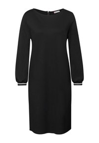 Czarna sukienka z długimi, bufiastymi rękawami, okrągłym dekoltem i suwakiem z tyłu. Rękawy ozdobione kontrastującymi białymi paskami na mankietach. Gładka faktura tkaniny.