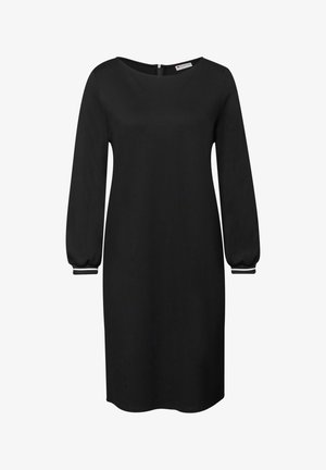 Vestido negro con mangas largas y abullonadas, escote redondo y cremallera trasera. Presenta rayas blancas contrastantes en los puños de las mangas. Textura de tela suave.