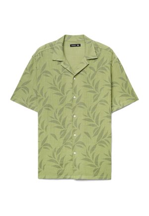 Camicia verde chiaro a maniche corte con bottoni, con un sottile motivo a foglie verde scuro e colletto camp, taglia XL.