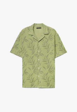Camicia verde chiaro a maniche corte con bottoni, con un sottile motivo a foglie verde scuro e colletto camp, taglia XL.