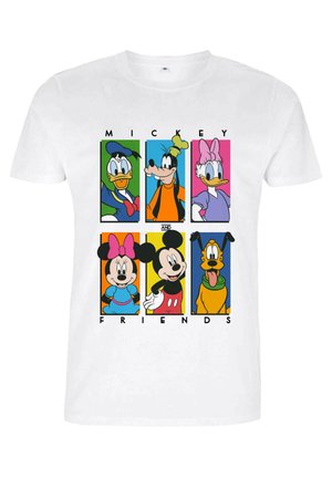 White T-shirt featuring colorful cartoon panels of Mickey Mouse, Minnie Mouse, Donald Duck, Goofy, Daisy Duck, and Pluto.