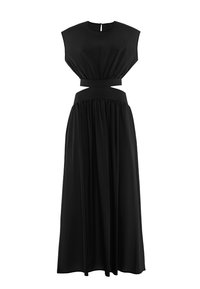 Robe noire longue avec une taille ajustée, des manches courtes et un détail découpé. Texture lisse avec une jupe fluide. Fermeture en forme de trou de serrure à l'arrière.