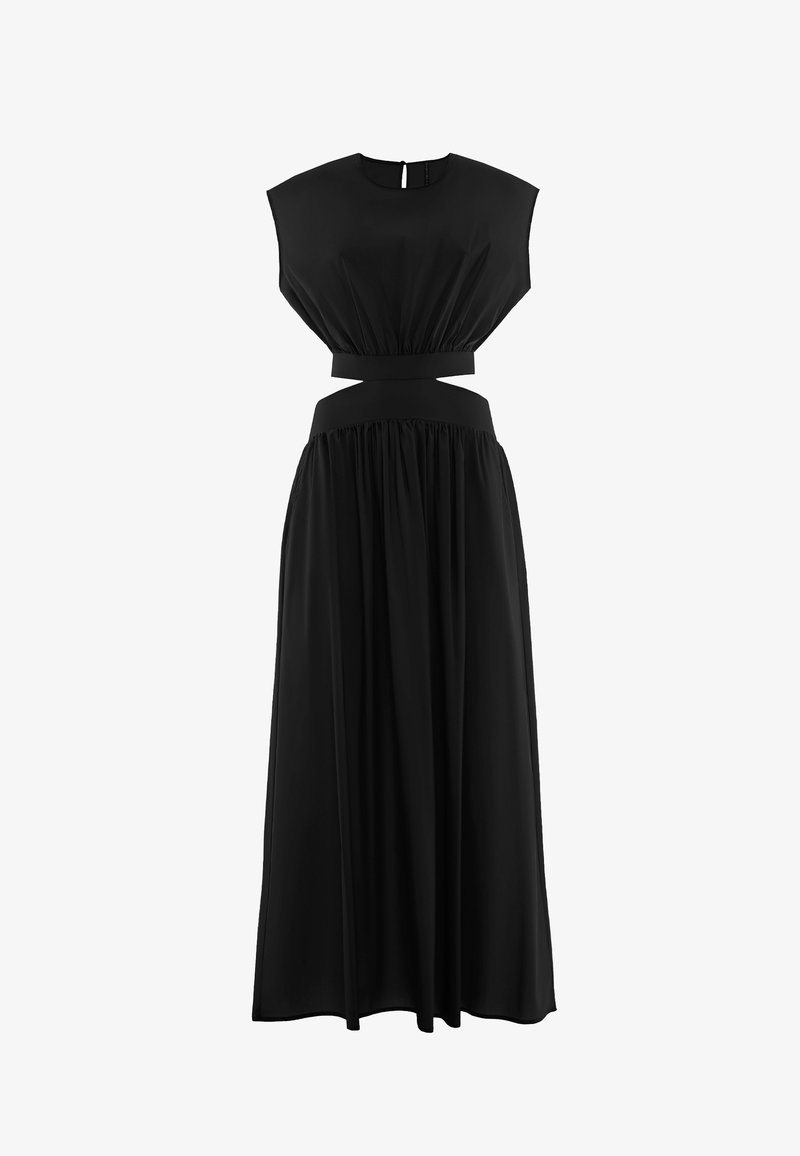 Robe noire longue avec une taille ajustée, des manches courtes et un détail découpé. Texture lisse avec une jupe fluide. Fermeture en forme de trou de serrure à l'arrière.