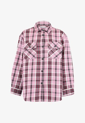 Roze geruit overhemd met knopen, lange mouwen en twee borstzakken met knopen.