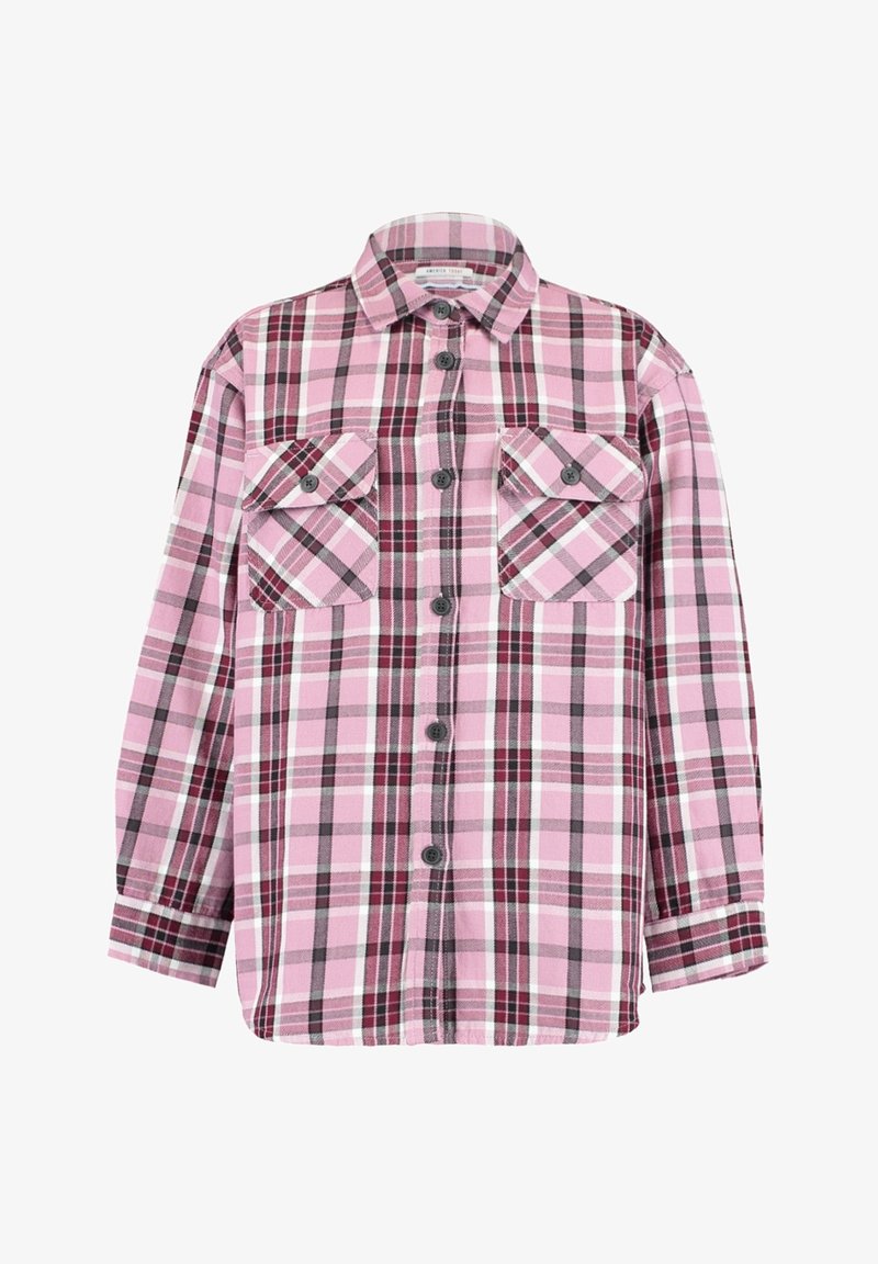 Roze geruit overhemd met knopen, lange mouwen en twee borstzakken met knopen.