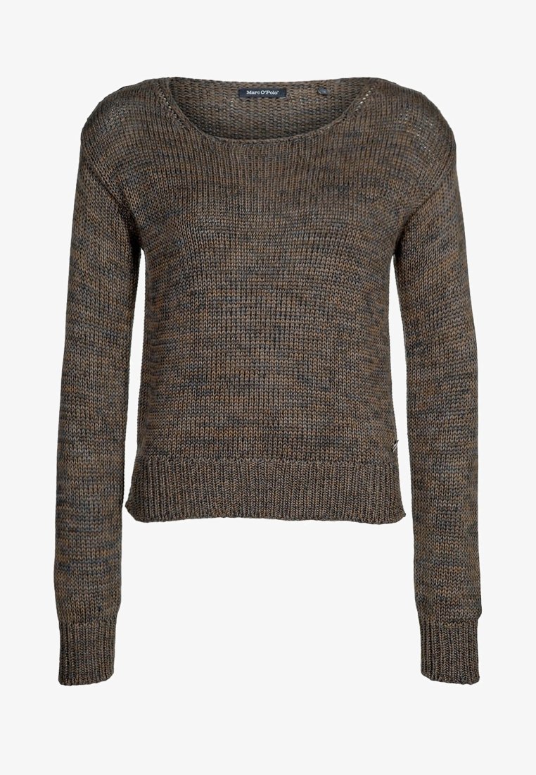 Pull tricoté marbré marron et gris avec manches longues, poignets et ourlet côtelés, et encolure ronde.