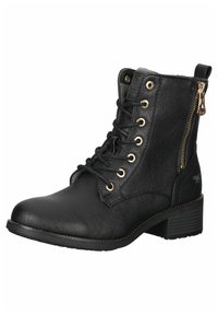 Stivale alla caviglia in similpelle nera con dettagli in oro, stringato davanti, cerniera laterale e suola texturizzata. Presenta un tacco basso e un interno imbottito.