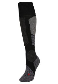 Czarna i szara skarpeta do kolan z geometrycznym wzorem, teksturowaną tkaniną, wzmocnionym palcem i czerwonym logo na podeszwie.