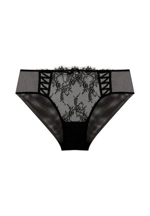 Czarna bielizna bikini z koronką, zdobiona kwiatowymi wzorami i przezroczystymi bocznymi panelami z siateczki, z dekoracyjnymi skrzyżowanymi paskami na biodrach.