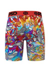 Boxer da uomo con fascia in vita rossa, caratterizzati da uno sfondo tie-dye colorato e personaggi dei cartoni animati Tom e Jerry ripetuti in pose giocose.