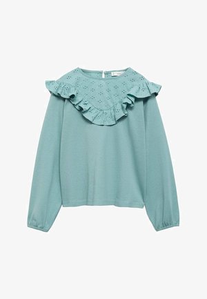 Svetr s dlouhým rukávem v jemně tyrkysové barvě s volánovým krajkovým designem na výstřihu a nařasenými manžetami, vyrobený z měkkého materiálu.