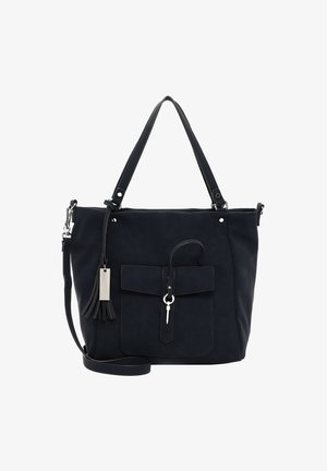 Borsa nera con tasca frontale, chiusura argentata, dettaglio con nappina, due manici superiori e tracolla rimovibile su sfondo bianco.