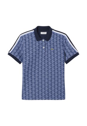 Polo bleu marine avec un motif géométrique. Il dispose d'un col classique, de trois boutons et de rayures latérales blanches contrastantes. Logo Lacoste sur la poitrine.
