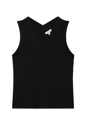 Czarny bezrękawnik z dekoltem w serek o dopasowanym kroju i widocznymi szwami, z małą białą metką marki blisko dekoltu.