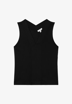 Schwarzes ärmelloses V-Ausschnitt-Top mit figurbetontem Schnitt und sichtbaren Nähten, mit einem kleinen weißen Markenetikett nahe dem Halsausschnitt.