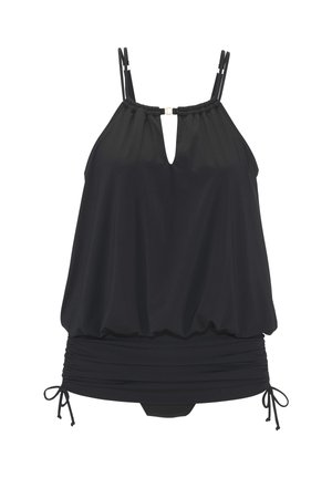 Black tankini swimsuit with double shoulder straps, keyhole neckline, ruched skirted bottom, and side drawstring ties.