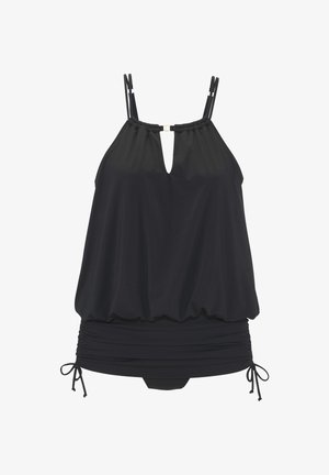 Schwarzer Tankini-Badeanzug mit doppelten Schulterträgern, Schlüssellochausschnitt, gerafftem Rockteil und seitlichen Kordelzügen.