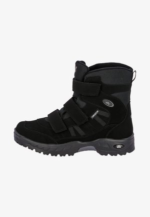 Black high-top boots made of suede and fabric, featuring three velcro straps, a textured sole, and a padded collar for support.