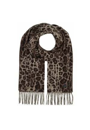 Brunt og sort leopardmønstret tørklæde med frynser i enderne, blødt stof og en lille rektangulær etiket i det ene hjørne.