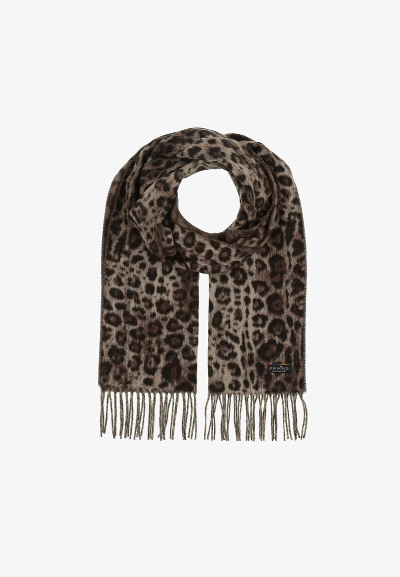 Écharpe à imprimé léopard marron et noir avec des extrémités à franges, en tissu doux, et une petite étiquette rectangulaire sur un coin.