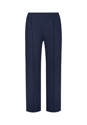 Donkerblauwe broek met witte verticale krijtstrepen, getailleerde pasvorm, elastische tailleband, rechte pijpen, geen zichtbare zakken of versieringen.