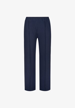 Donkerblauwe broek met witte verticale krijtstrepen, getailleerde pasvorm, elastische tailleband, rechte pijpen, geen zichtbare zakken of versieringen.