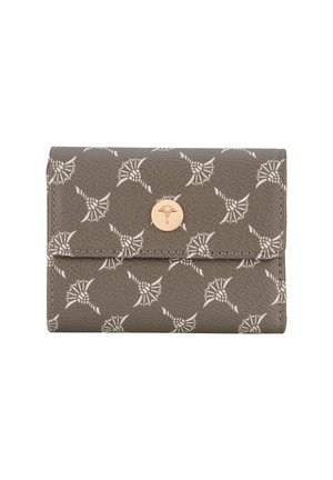 Gråt tekstureret tegnebog med gentaget hvid tistel mønster og central rund guldknaplås med prægget tisteldesign.