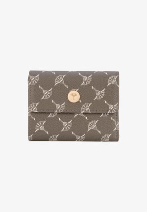 Šedá texturovaná peněženka s opakujícím se bílým motivem bodláku a středovým kulatým zlatým zapínáním s raženým motivem bodláku.