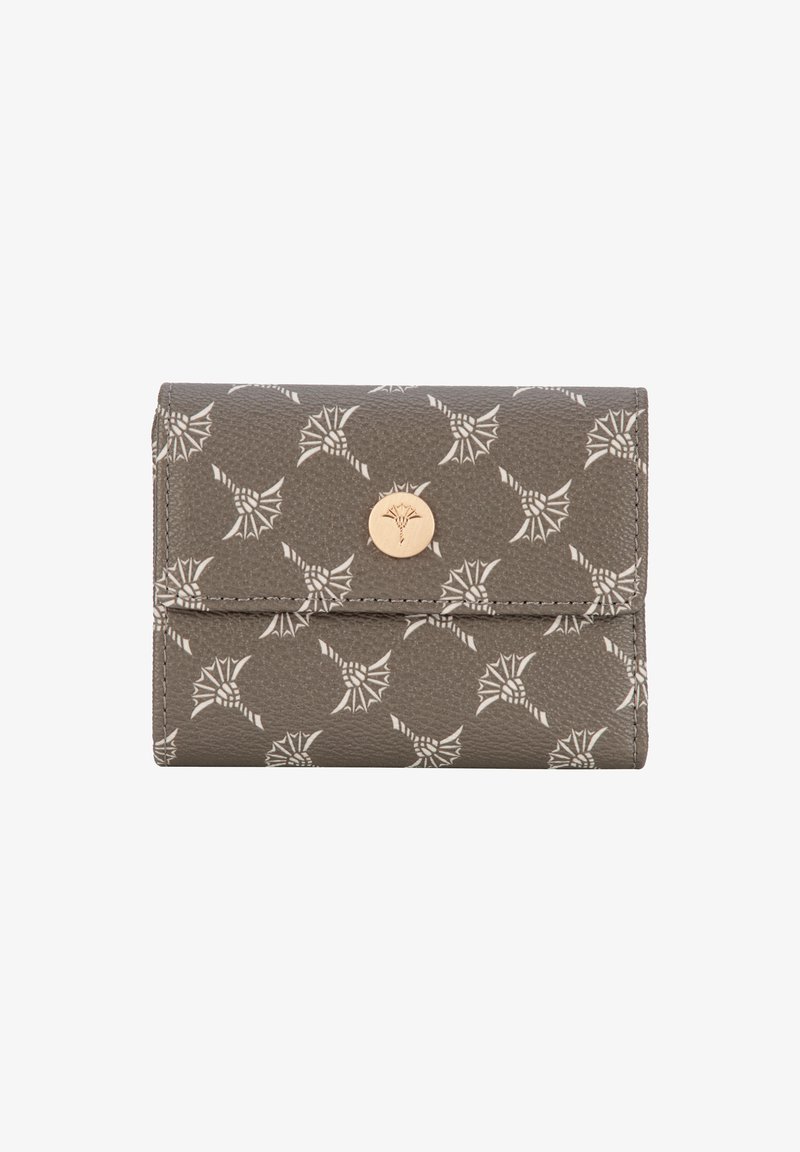Grijze gestructureerde portemonnee met een herhalend wit distelpatroon en een centrale ronde gouden knoopsluiting met een gegraveerd distelontwerp.