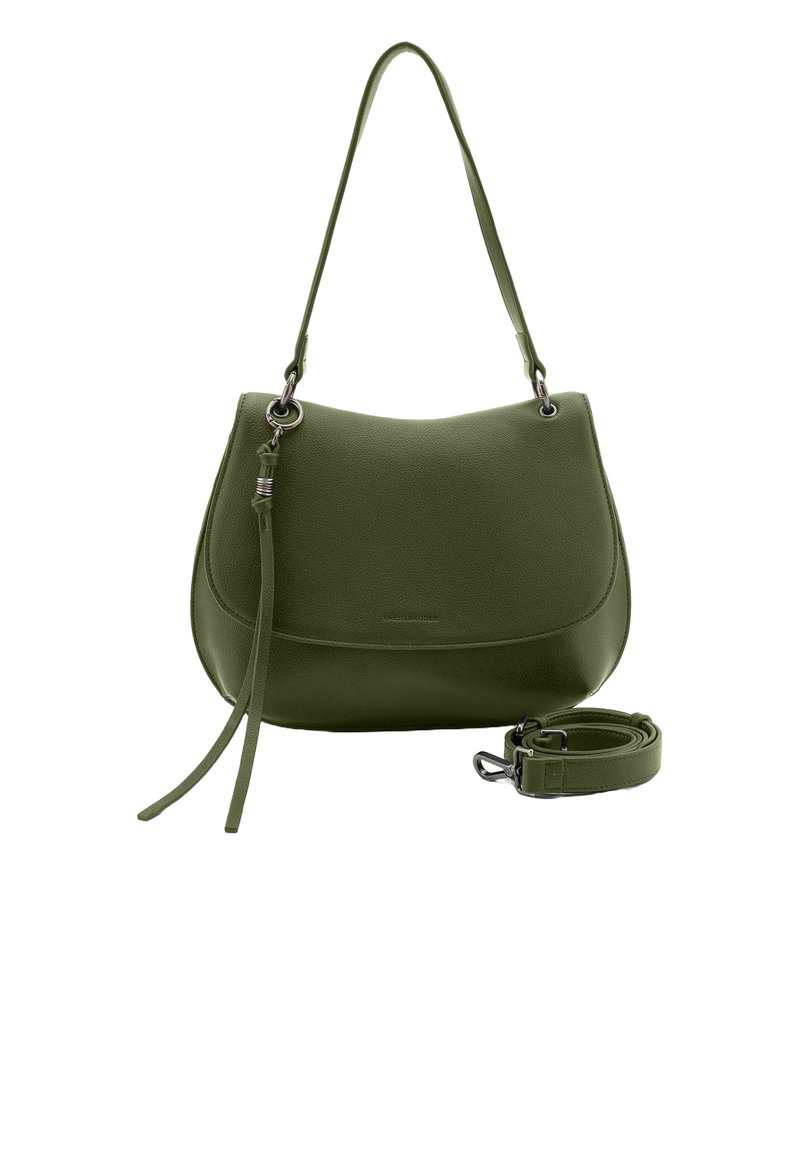 Sac à épaule en cuir vert avec une texture lisse, une forme courbée et une bandoulière détachable. Doté de quincaillerie en ton argent et d'un design minimaliste.