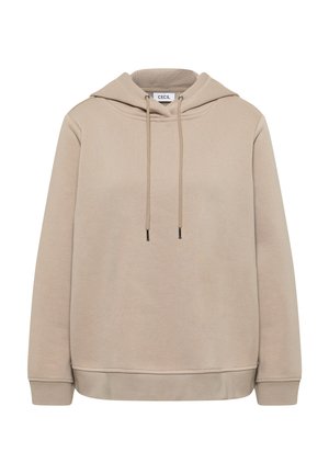Beige huppari, jossa on teksturoitu kangas, narusuljin ja ribbattu hihansuut ja helma. Yksinkertainen muotoilu ilman lisäkuvioita tai koristeita.