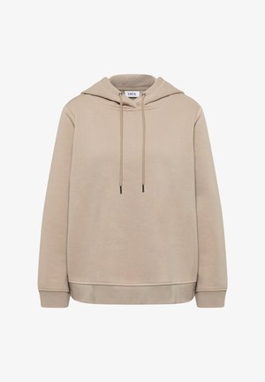 Sweatshirt beige à capuche en tissu texturé, avec cordon de serrage et poignets et ourlet côtelés. Design simple sans motifs ni accents supplémentaires.