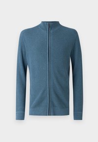 Blue zip-up sweater with a high collar, ribbed texture, and long sleeves. Smooth fabric with a fitted design and minimal detailing.