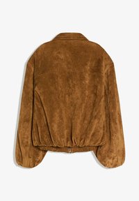 Brun, blød ruskindjakke med en afslappet pasform, elastisk kant og lange, flagrende ærmer. Har en krave og lynlåsdetalje.