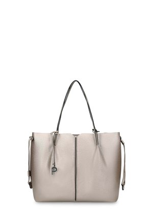 Beige textured leather tote bag with two black shoulder straps and a small metallic "P" charm hanging from one strap.