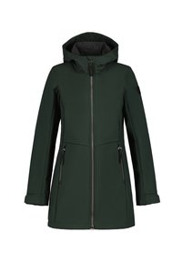 Ciemnozielona kurtka z zamkiem z przodu, kapturem, dwoma zamykanymi na zamek kieszeniami po bokach oraz gładkim, wodoodpornym materiałem. Posiada wzorzystą podszewkę.