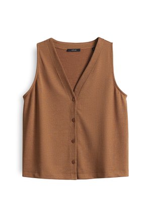 Brown sleeveless top made of smooth fabric, featuring a V-neckline and six button closures down the front. Simple, solid design.