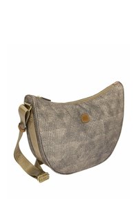 Borsa a tracolla marrone con trama, dotata di tracolla regolabile e chiusura con cerniera, con una piccola etichetta di pelle con il marchio sul davanti.