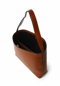 Borsa a tracolla in pelle marrone con una texture liscia, un interno nero e una tasca con zip. Dotata di una sola tracolla per il trasporto.