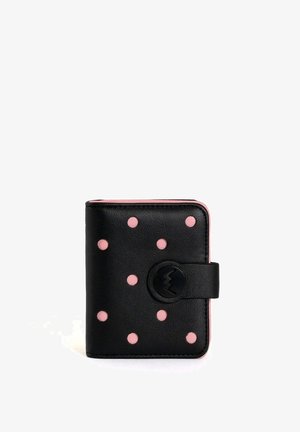 Schwarzes Lederportemonnaie mit rosa Polka-Dots, abgerundeten Ecken, schwarzem Druckknopfverschluss und rosa Innenfutter. Kompaktes Design für einfaches Tragen.