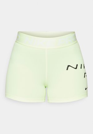 Heledad roheline sportlikud lühikesed püksid venivast kangast, laia vöökohaga, millel on tekst "NIKE PRO" ja must logo.