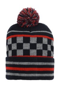Knitted beanie in navy blue, featuring a checkered pattern in gray, with horizontal red and gray stripes, and a multicolored pom-pom on top.