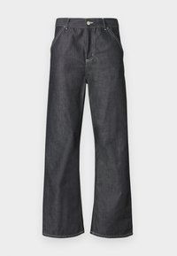 Σκούρο γκρι τζιν παντελόνι με φαρδιά μπατζάκια, μπροστινές τσέπες, θηλιές για ζώνη και κλείσιμο με κουμπί, με ορατή λευκή ραφή.