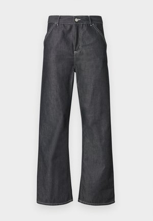 Dark gray denim pants with wide legs, front pockets, belt loops, and a button closure with visible white stitching.