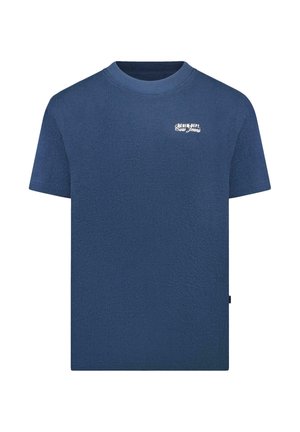Donkerblauw T-shirt met korte mouwen, een gestructureerd oppervlak en een ronde halslijn. Voorzien van een wit logo op de borst.