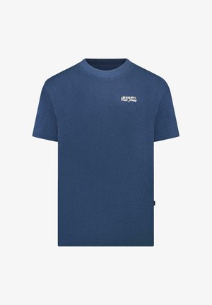 Donkerblauw T-shirt met korte mouwen, een gestructureerd oppervlak en een ronde halslijn. Voorzien van een wit logo op de borst.