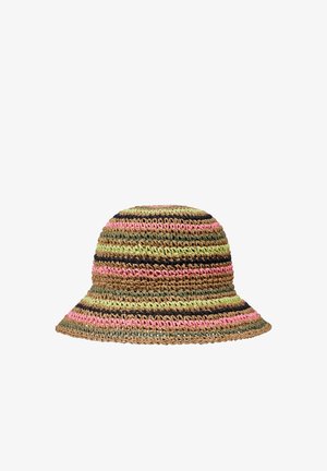 Chapeau seau en paille multicolore avec des rayures horizontales en rose, vert et noir ; large bord et design tissé texturé.