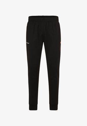 Pantalones de chándal negros con cintura elástica, perneras ajustadas y bolsillos laterales. Presenta un logo en blanco y un acento en naranja. Textura de tela suave.