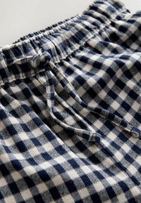 Bavlnené šortky s modro-bielym károvaným vzorom, vybavené elastickým pásom a šnúrkou pre nastaviteľné prispôsobenie. Textúrovaná tkanina.